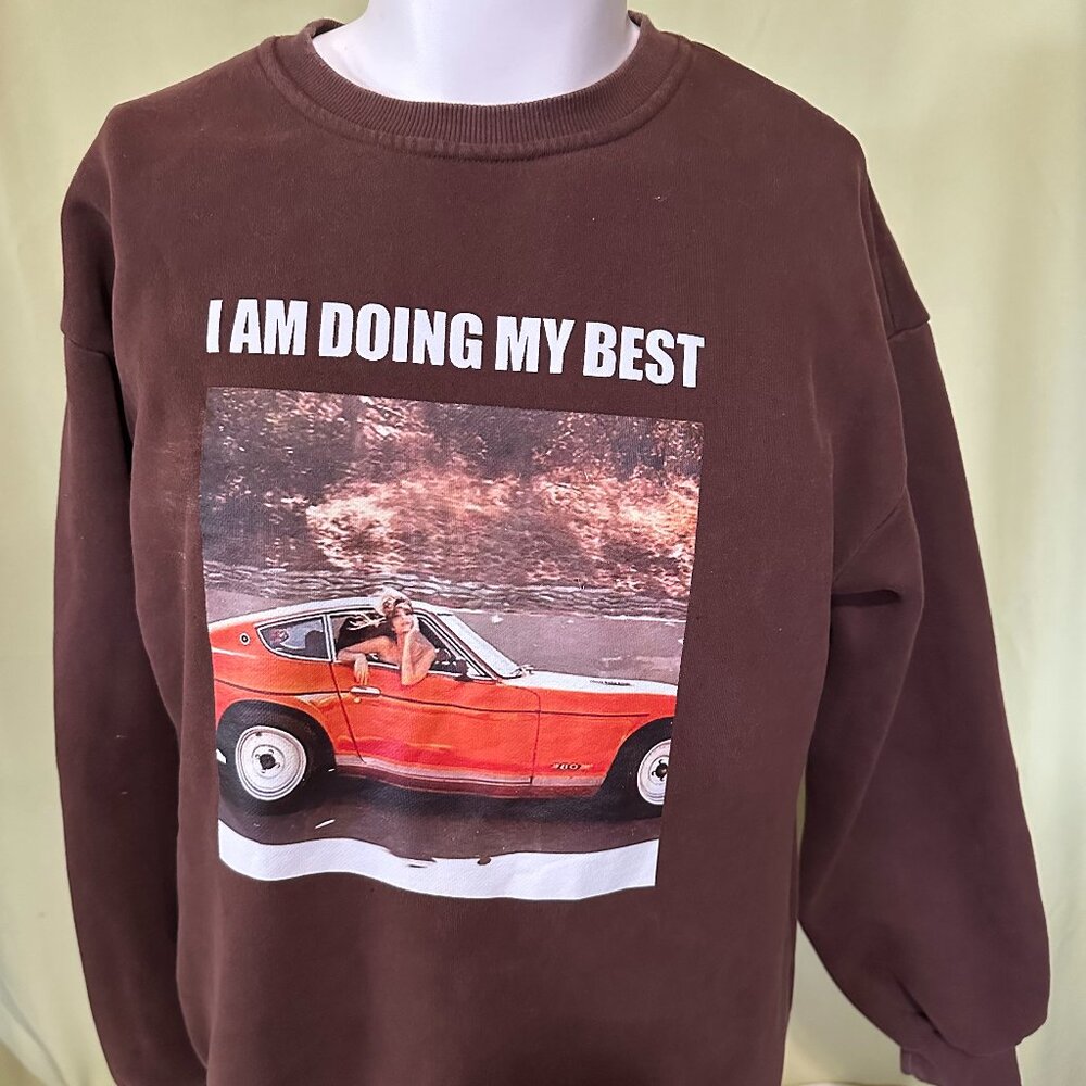 Datsun 280Z Men's Brown Crewneck Sweater Dazy Large 50/50 I Am Doing My Best